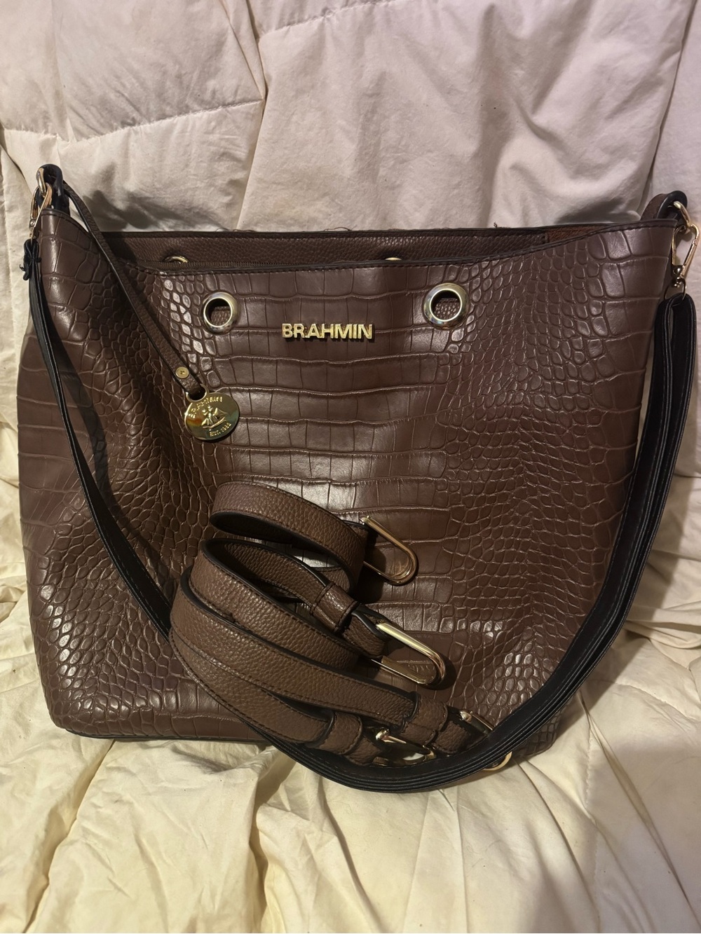 Brahmin Chocolate Brown Croc-Embossed Shoulder Bag